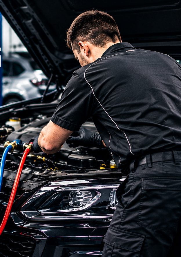 Mechanic connecting an air-conditioning service machine to a car