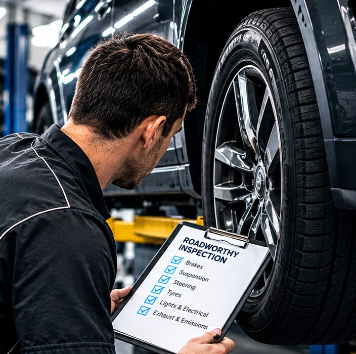 Mechanic inspecting a wheel and brake