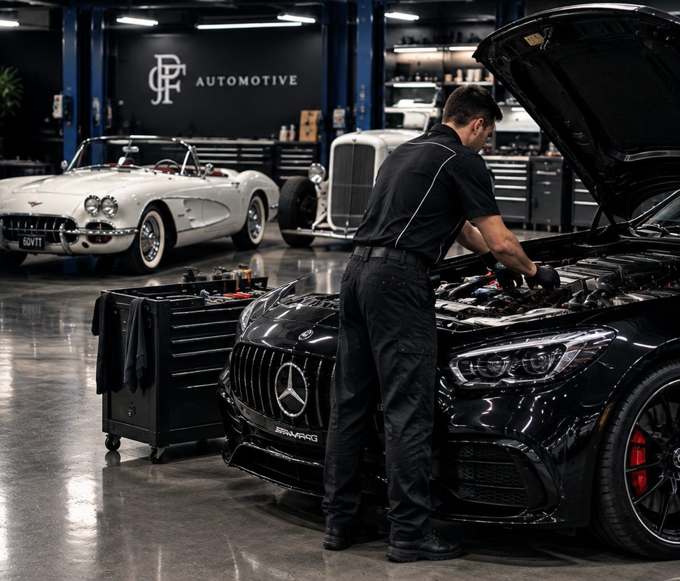 Mechanic inspecting a car in the PJFC Automotive workshop