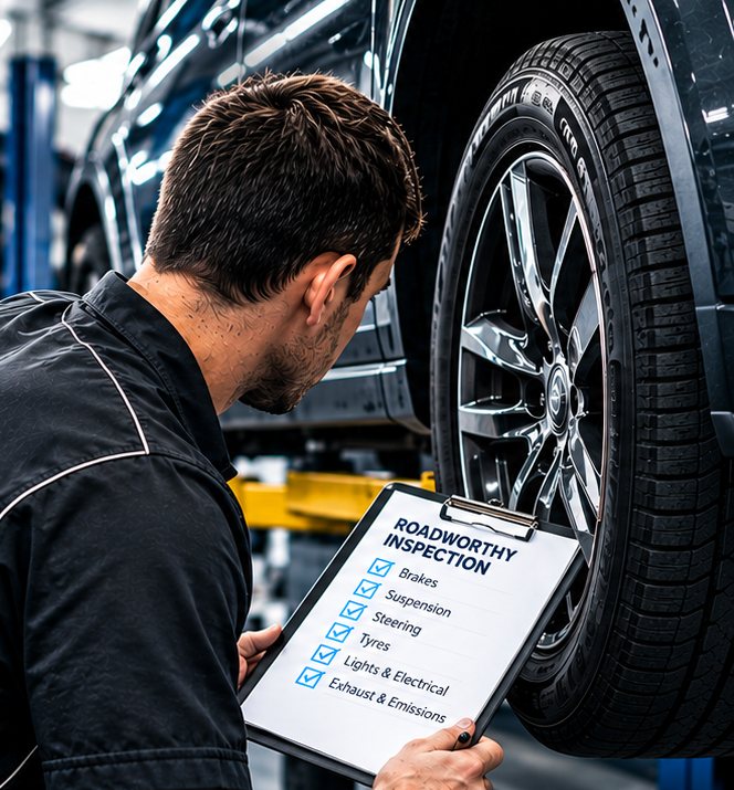 Mechanic checking a wheel with a roadworthy inspection checklist