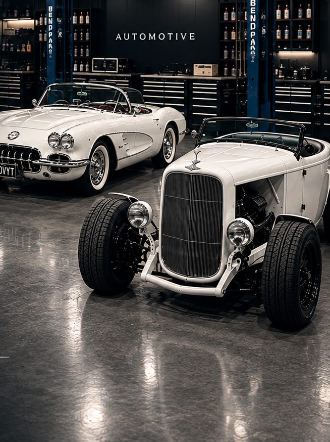Classic cars on the PJFC Automotive workshop floor