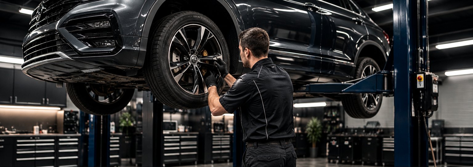 Mechanic removing a wheel from a car on a hoist