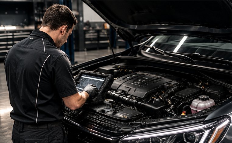 Mechanic running a diagnostic scan in the engine bay