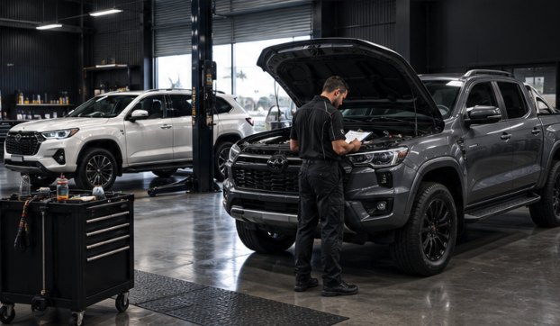 Mechanic checking a ute with the bonnet up in the PJFC Automotive workshop