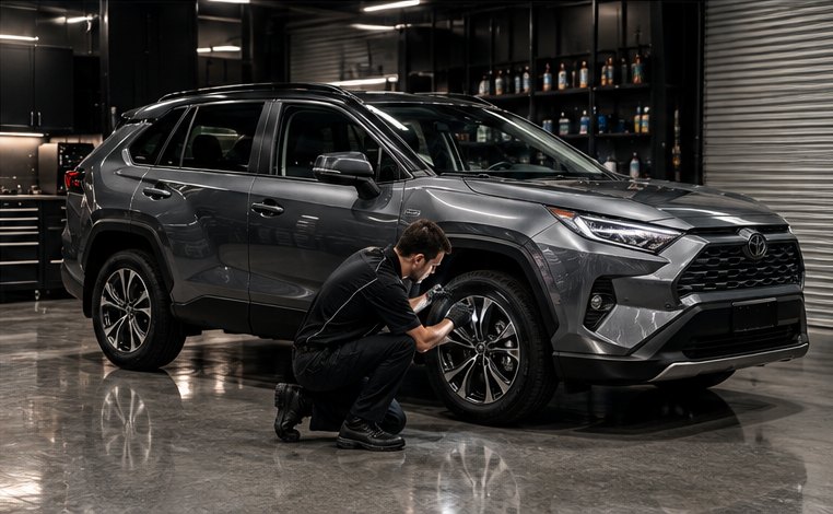 Mechanic checking a wheel and tyre on an SUV